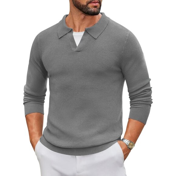 Men's Knit Polo Long Sleeve V-Neck Pullover Sweaters Collared Knitted Dark Grey - Picture 1 of 6